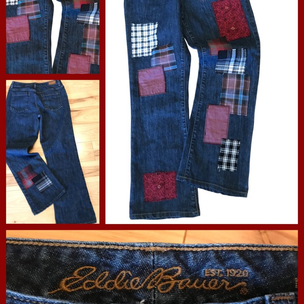 Plaid Flannel Patchwork Jeans, Upcycled Funky Pants Boho Hippie Grunge Size 8 - Picture 13 of 13